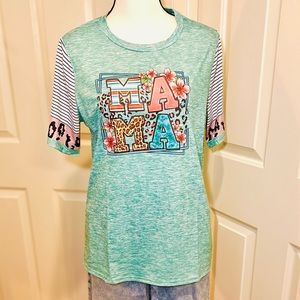 Stripe & Leopard Print Crew Neck T-shirt MAMA Graphics